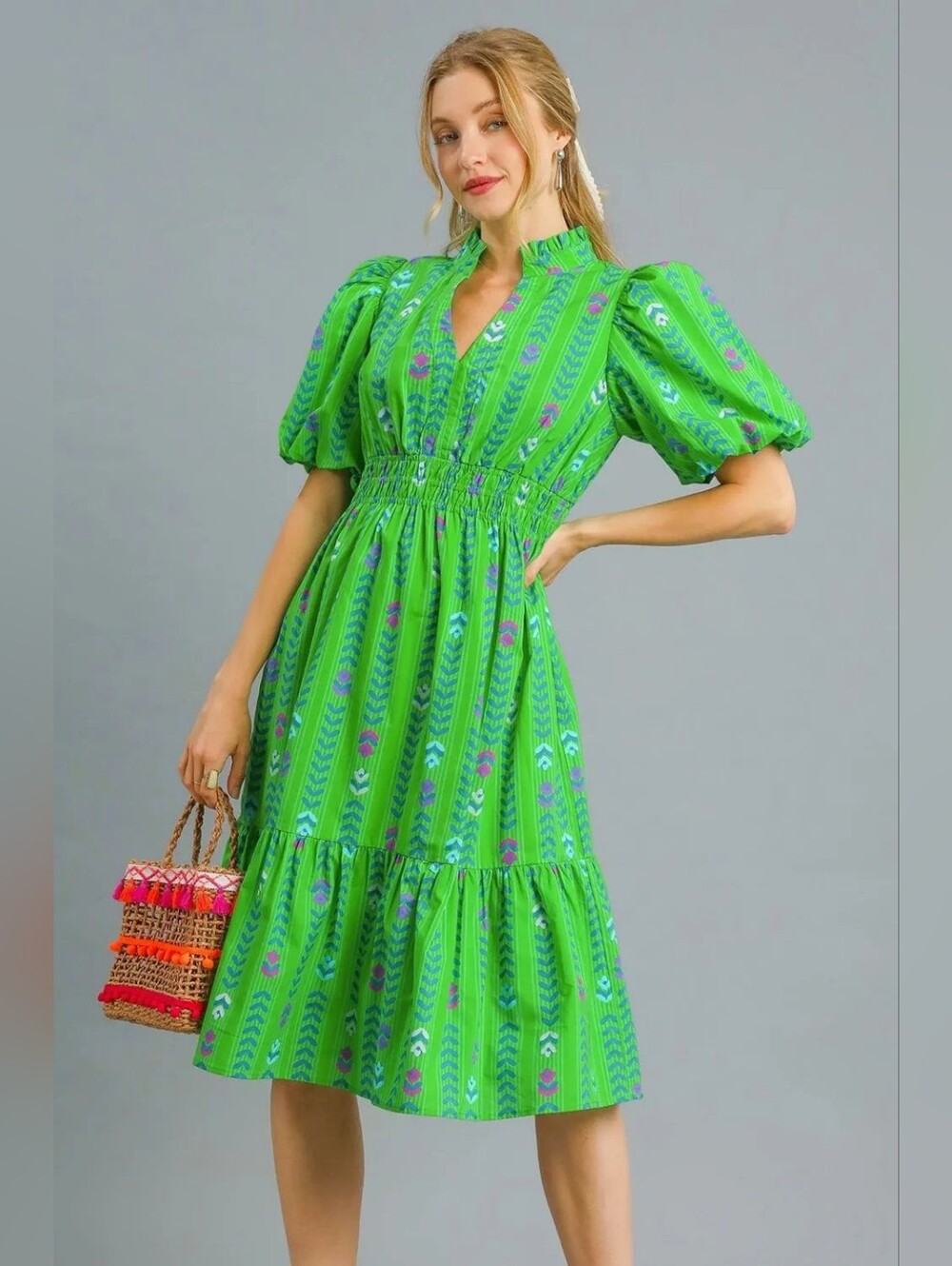 Umgee Green Print Puff Sleeve Midi Dress Smocked Waist Boho Tiered Ruffle Sz 2XL